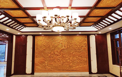 忻州中式别墅客厅中式木作横梁吊顶装饰展示