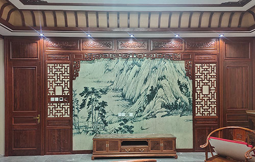 忻州中式仿古别墅客厅背景墙花格木作装饰